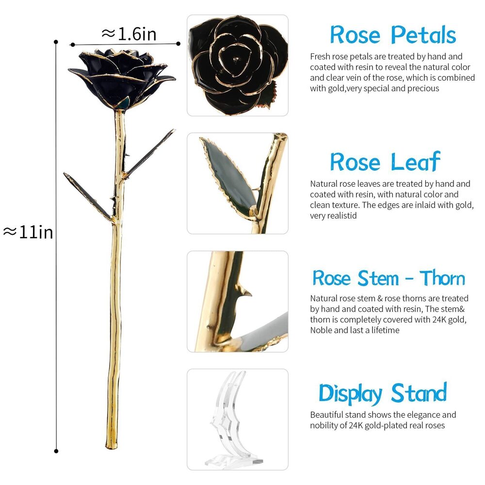 1791 Rose Gifts Forever Black Gold Dipped Rose 24k Gold Plated Eternal - Picture 3 of 8